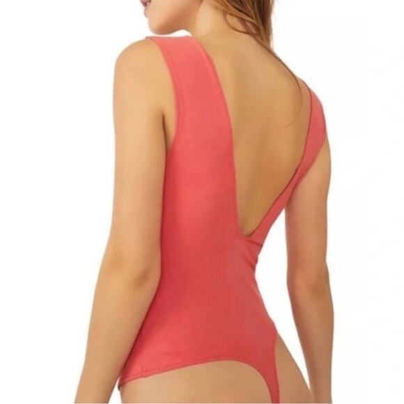Free People Low V Neck Coral Pink Bodysuit XL New - Picture 2 of 8